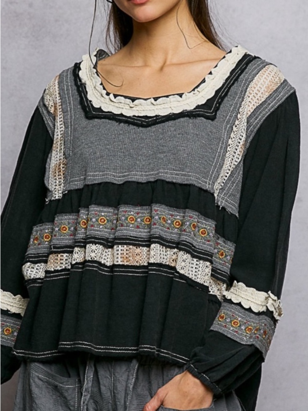 #191-59 POL New Black & Gray Embroidered Boho Tunic